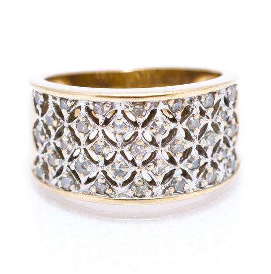 Vintage 9ct Yellow Gold Ladies Diamond Encrusted Wide Band Ring Size M1/2 (A2106)