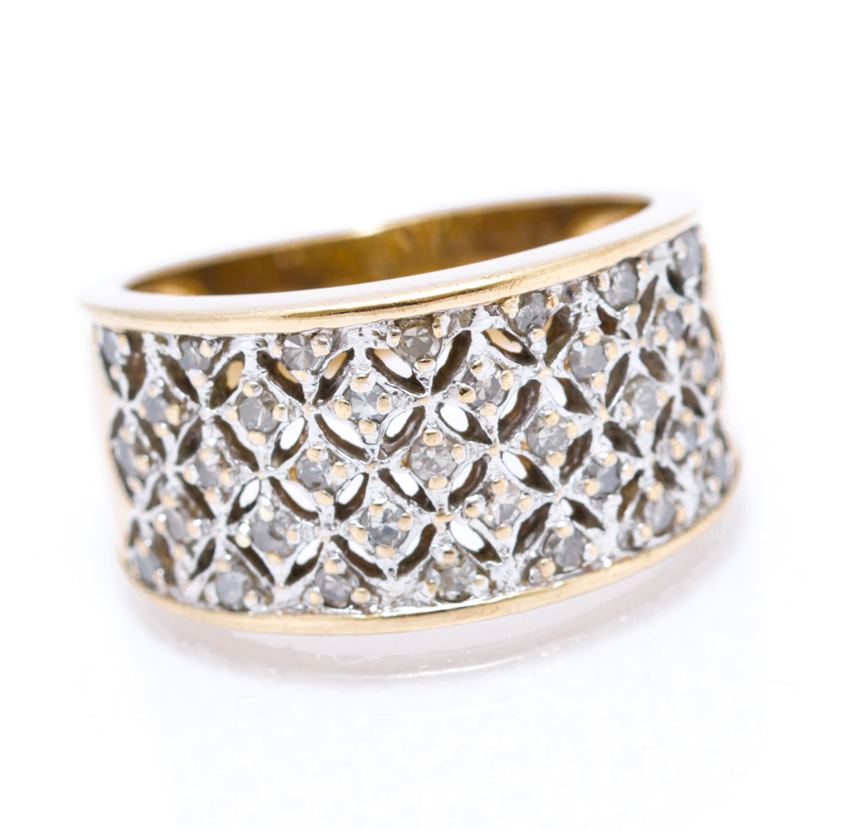 Vintage 9ct Yellow Gold Ladies Diamond Encrusted Wide Band Ring Size M1/2 (A2106)
