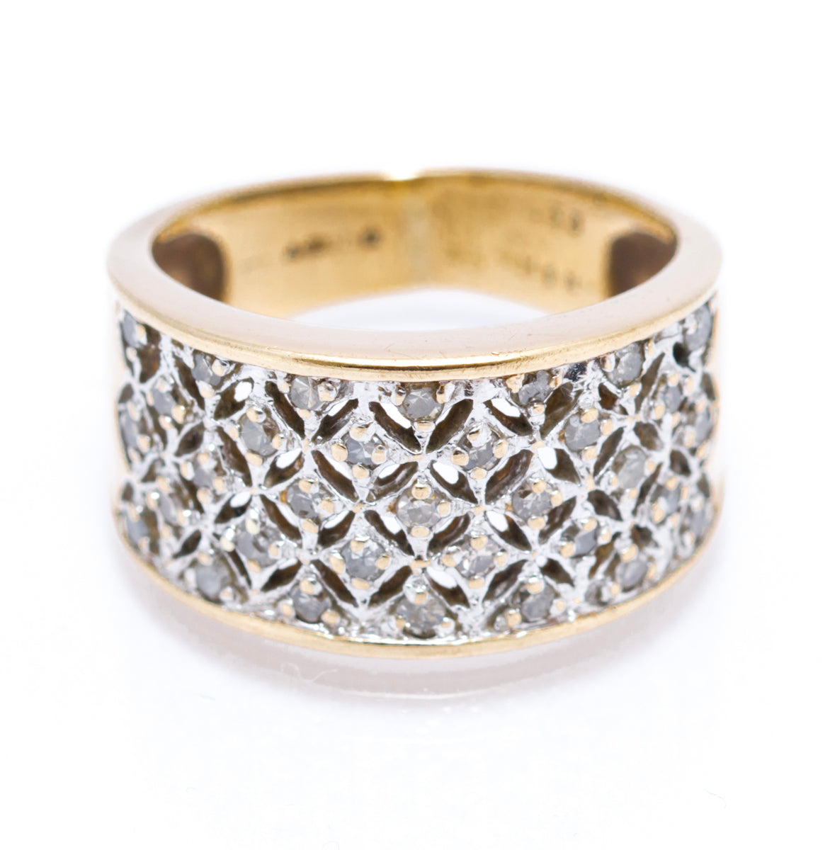 Vintage 9ct Yellow Gold Ladies Diamond Encrusted Wide Band Ring Size M1/2 (A2106)