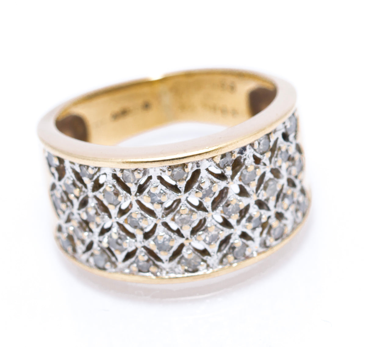Vintage 9ct Yellow Gold Ladies Diamond Encrusted Wide Band Ring Size M1/2 (A2106)