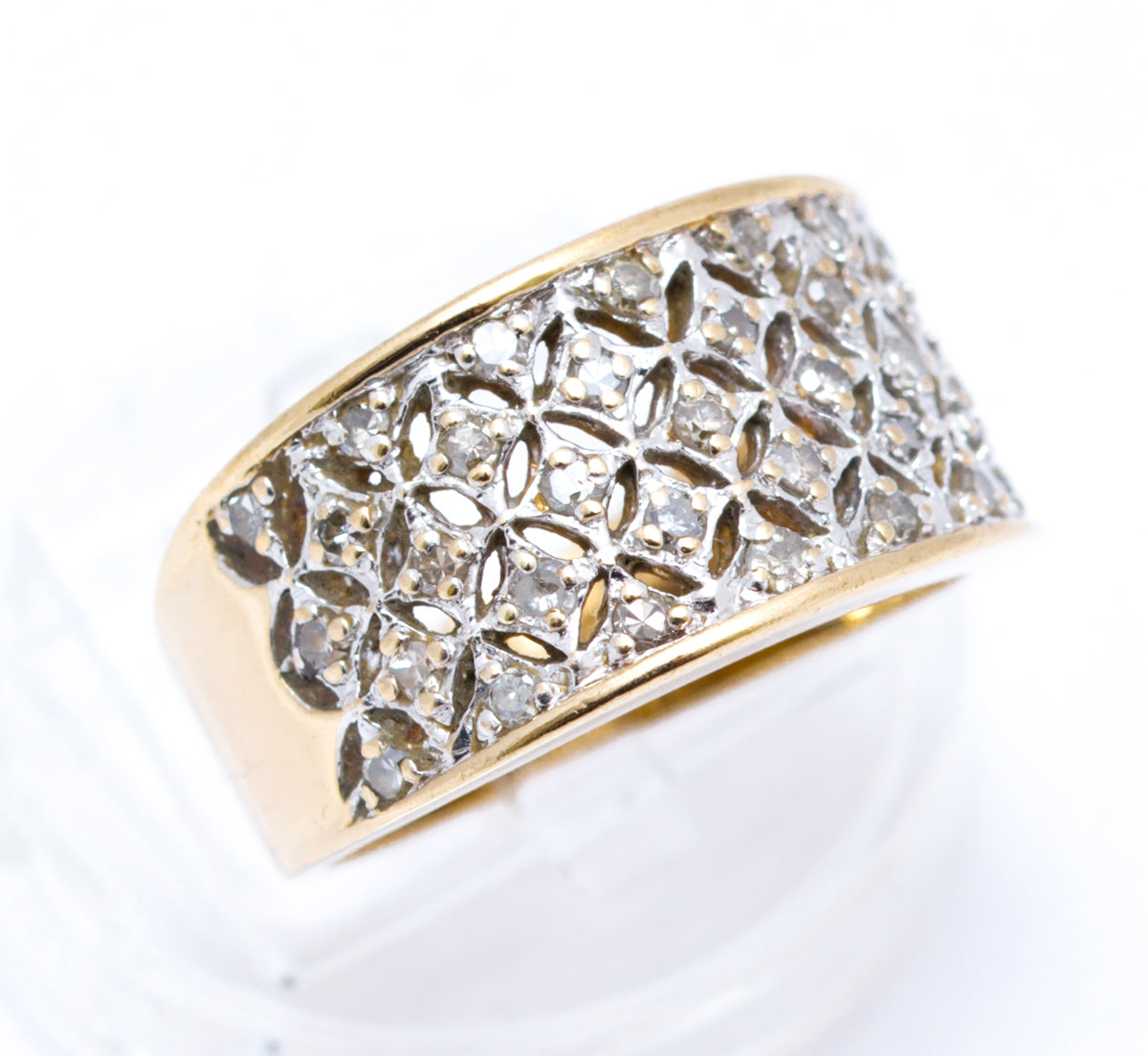 Vintage 9ct Yellow Gold Ladies Diamond Encrusted Wide Band Ring Size M1/2 (A2106)