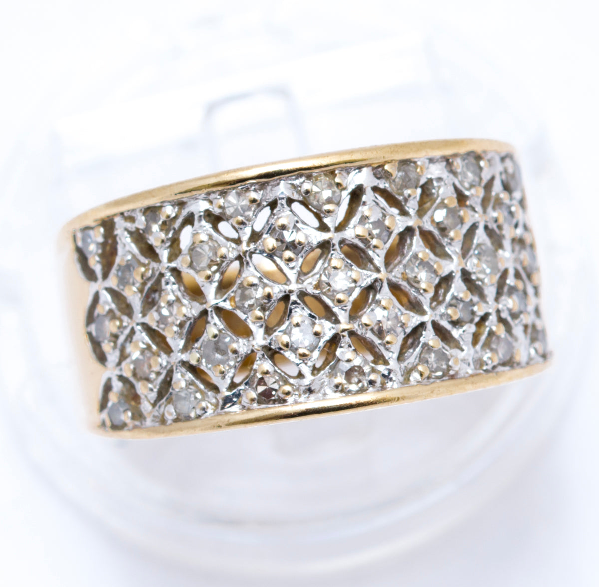 Vintage 9ct Yellow Gold Ladies Diamond Encrusted Wide Band Ring Size M1/2 (A2106)