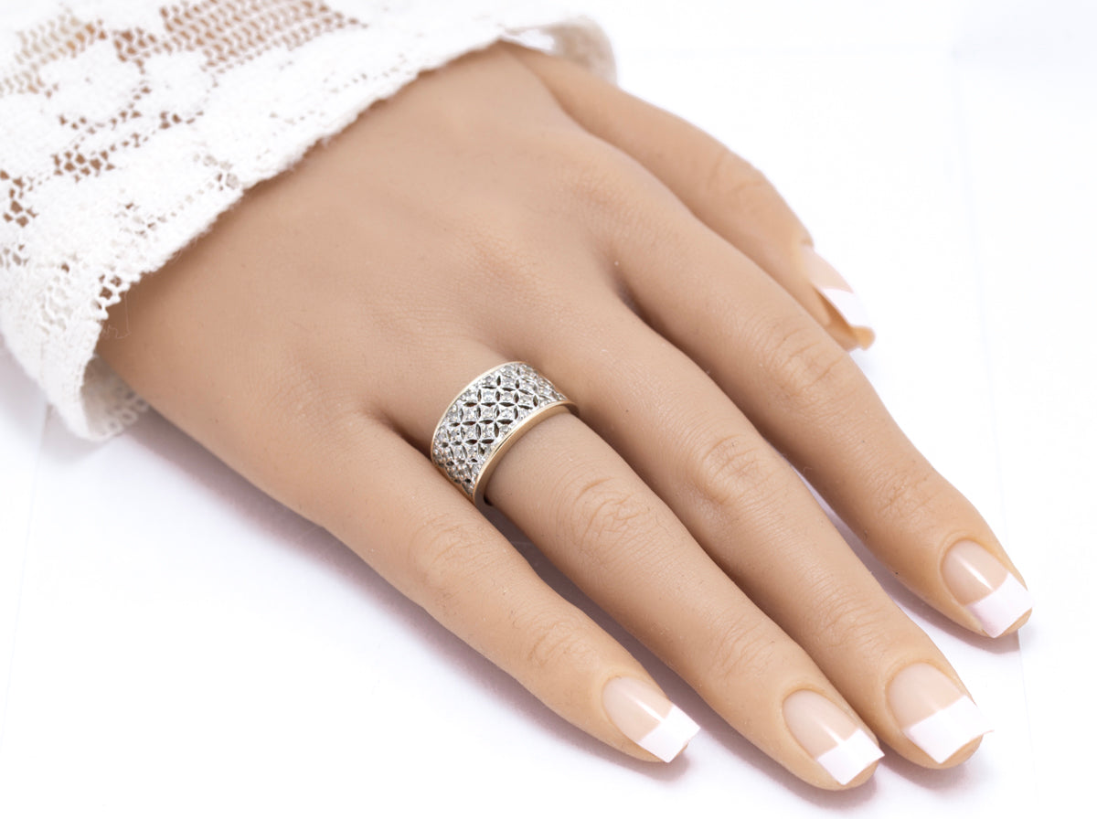 Vintage 9ct Yellow Gold Ladies Diamond Encrusted Wide Band Ring Size M1/2 (A2106)