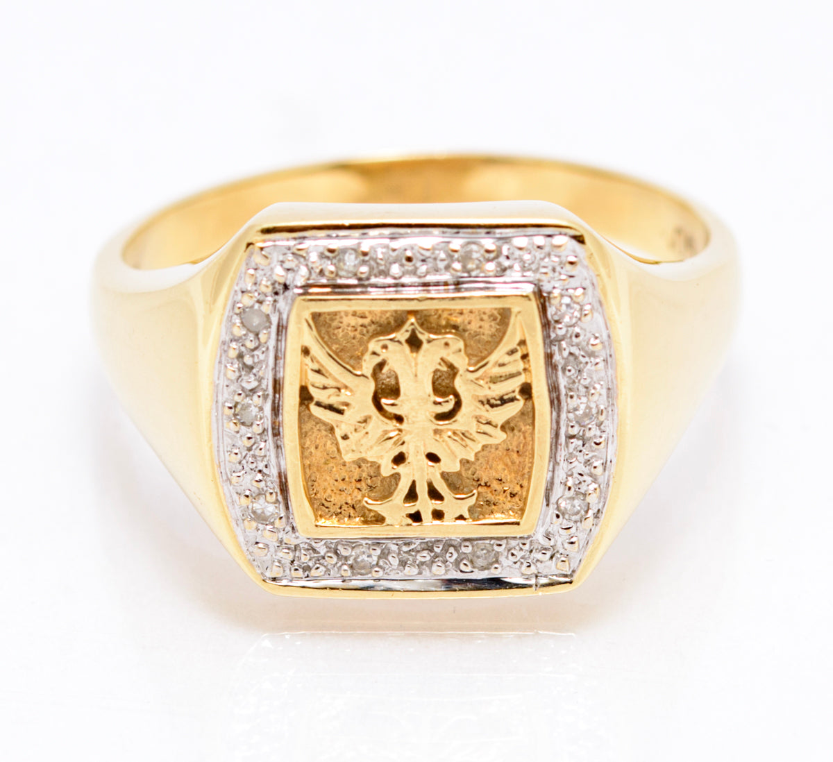 Vintage 9ct Yellow Gold Men's Double Headed Eagle & Diamond Halo Signet Ring (A2109)
