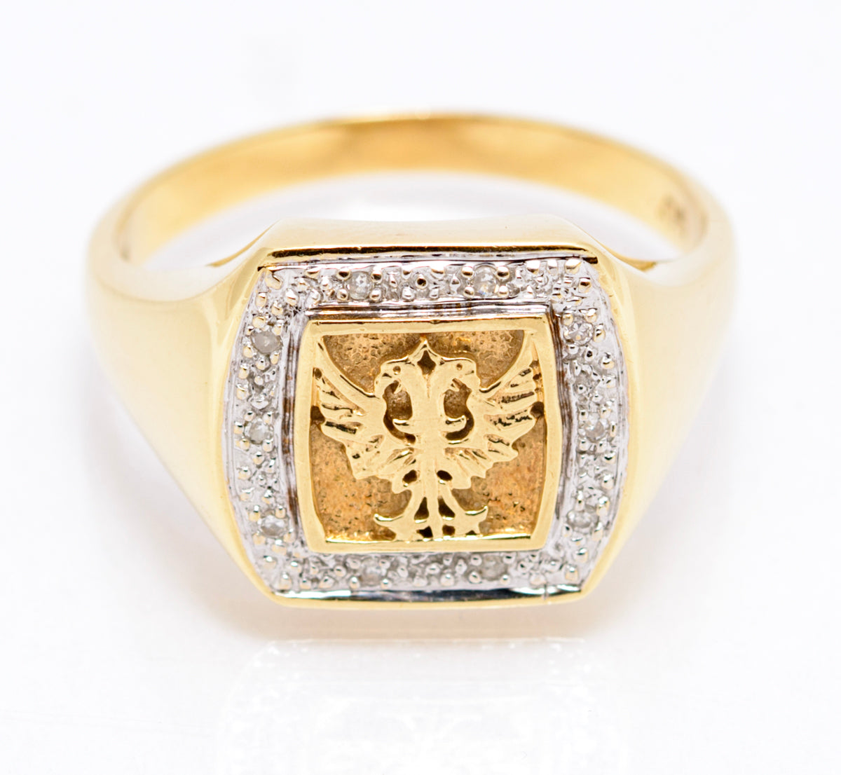 Vintage 9ct Yellow Gold Men's Double Headed Eagle & Diamond Halo Signet Ring (A2109)