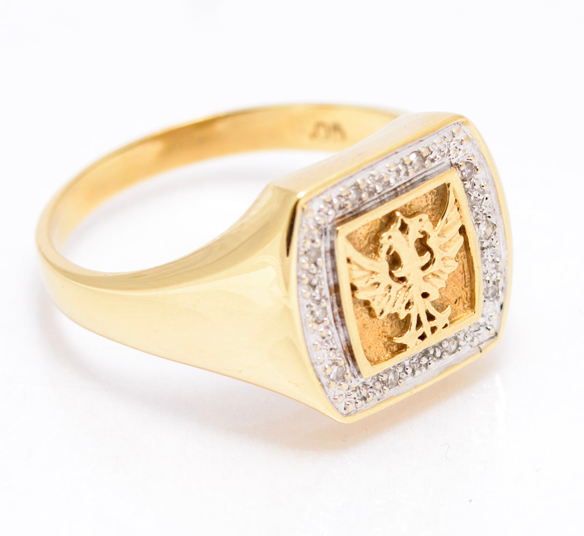 Vintage 9ct Yellow Gold Men's Double Headed Eagle & Diamond Halo Signet Ring (A2109)