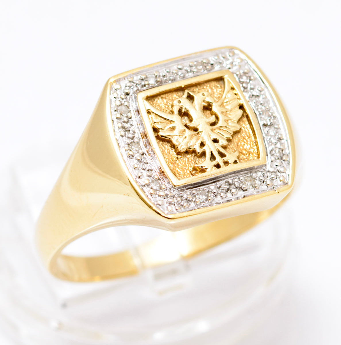 Vintage 9ct Yellow Gold Men's Double Headed Eagle & Diamond Halo Signet Ring (A2109)