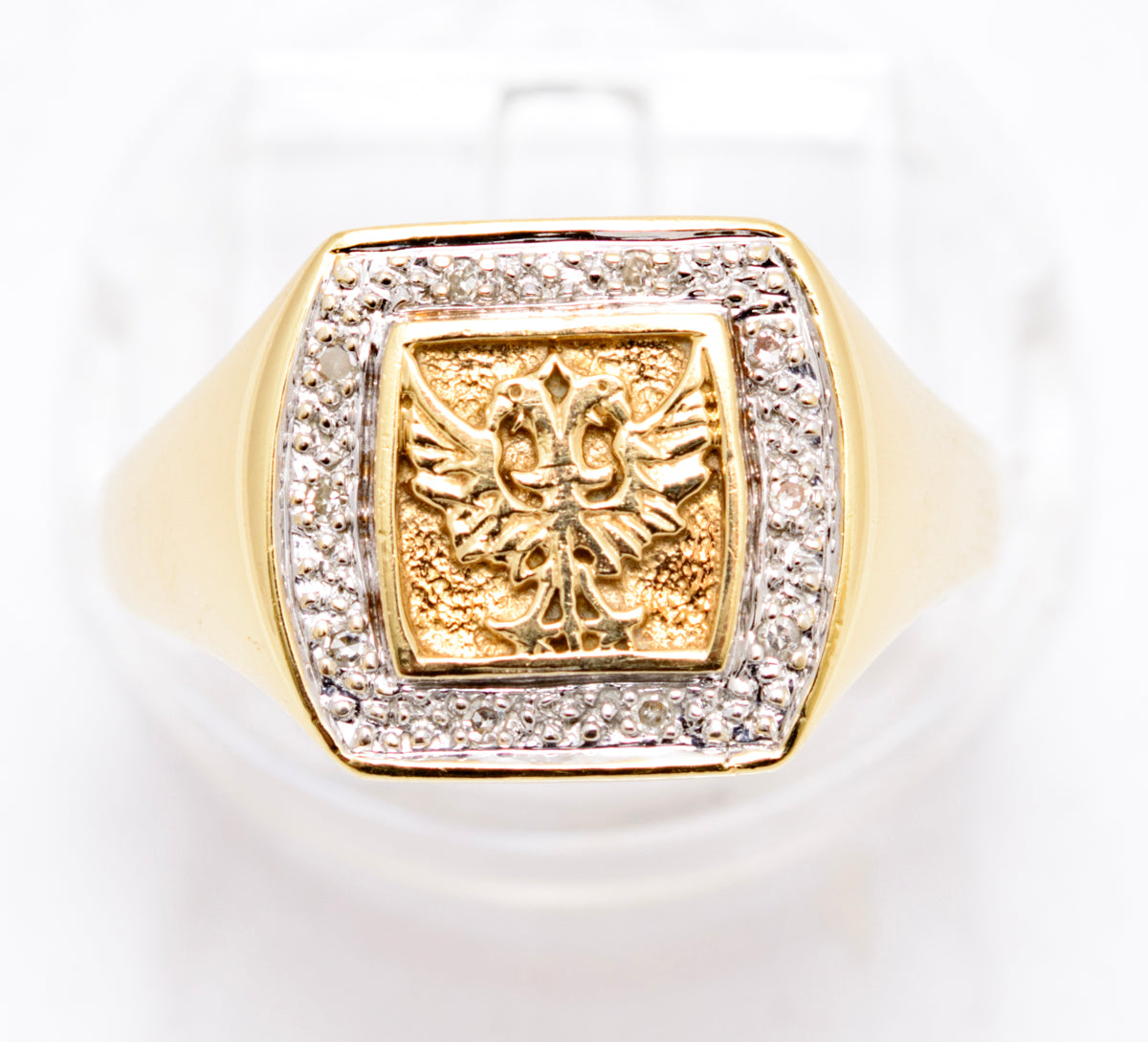Vintage 9ct Yellow Gold Men's Double Headed Eagle & Diamond Halo Signet Ring (A2109)