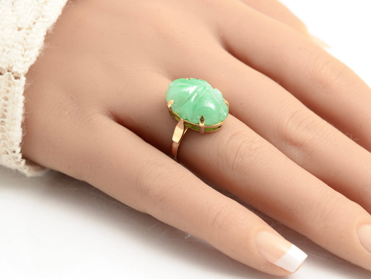 Vintage 18ct Yellow Gold & Carved Jade Cabochon Ring Ladies Size L1/2 (A2112)