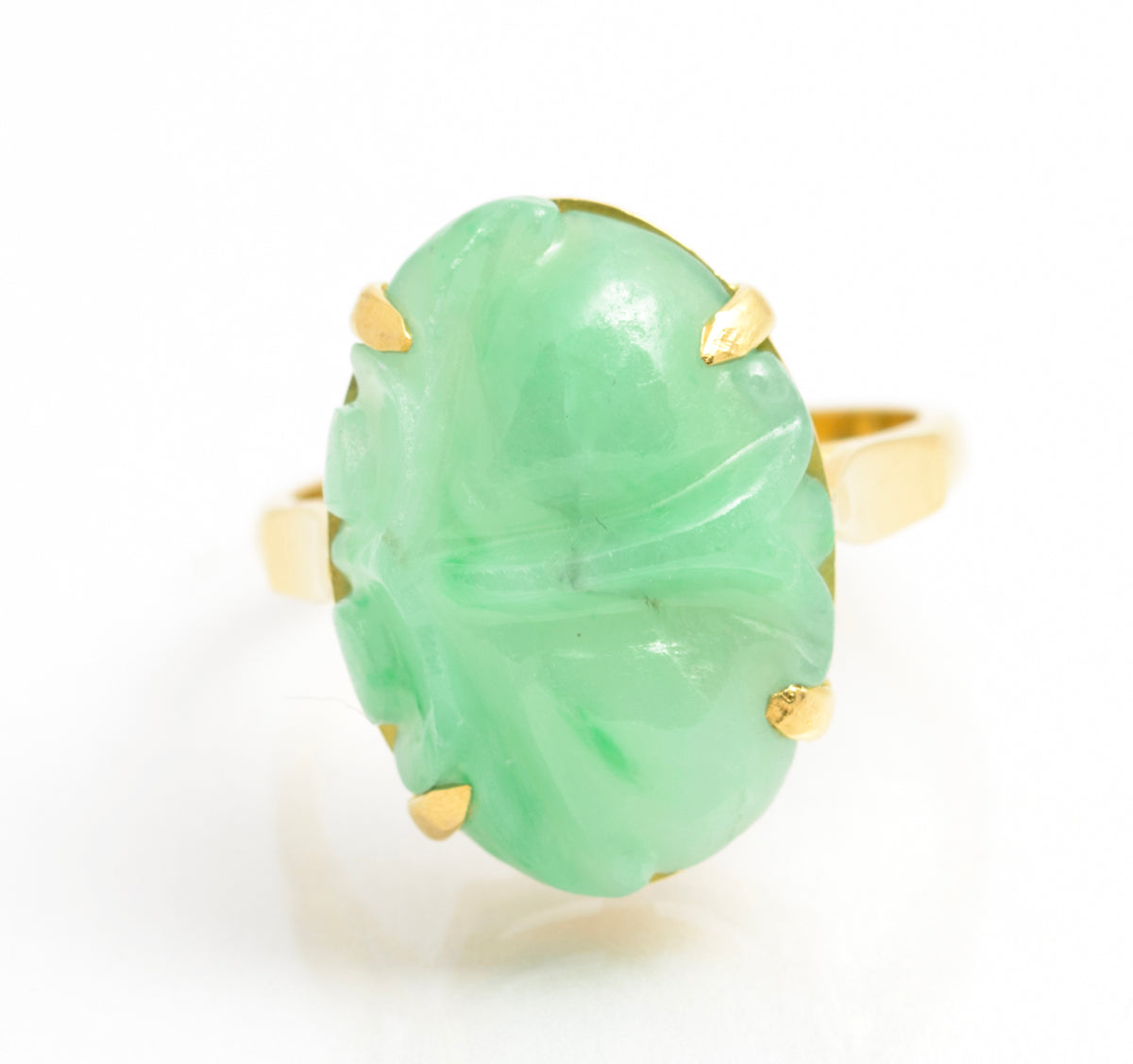 Vintage 18ct Yellow Gold & Carved Jade Cabochon Ring Ladies Size L1/2 (A2112)