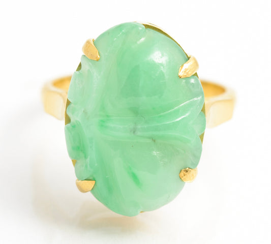 Vintage 18ct Yellow Gold & Carved Jade Cabochon Ring Ladies Size L1/2 (A2112)