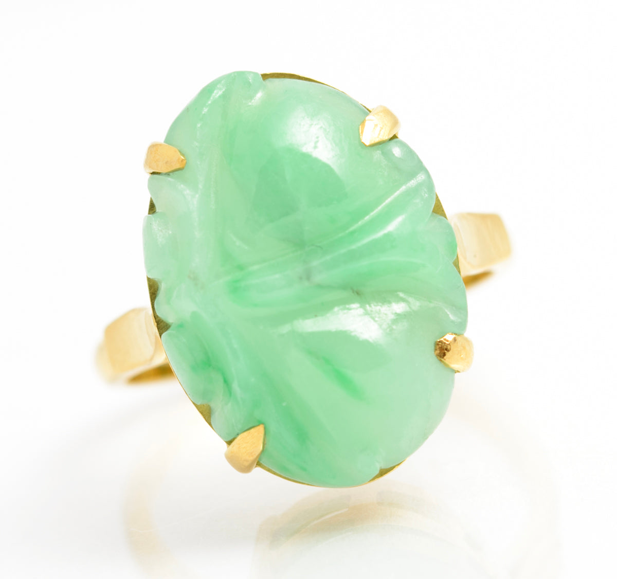 Vintage 18ct Yellow Gold & Carved Jade Cabochon Ring Ladies Size L1/2 (A2112)