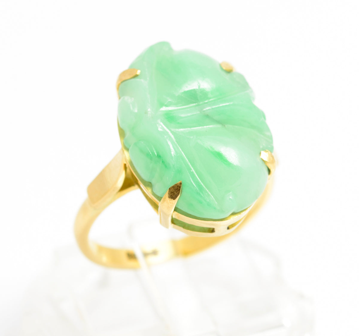 Vintage 18ct Yellow Gold & Carved Jade Cabochon Ring Ladies Size L1/2 (A2112)