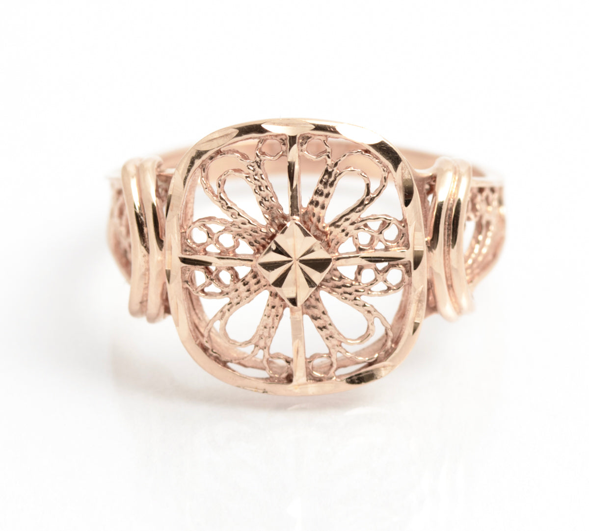 Vintage 9ct Rose Gold Filigree Ring With Bright Cut Detail & Sheffield Hallmark (A2113)