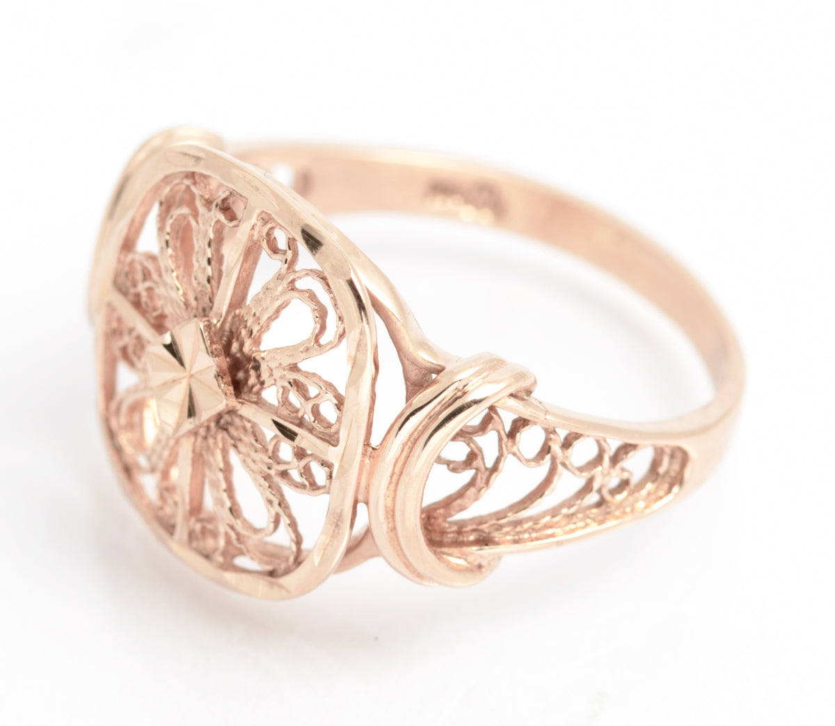 Vintage 9ct Rose Gold Filigree Ring With Bright Cut Detail & Sheffield Hallmark (A2113)