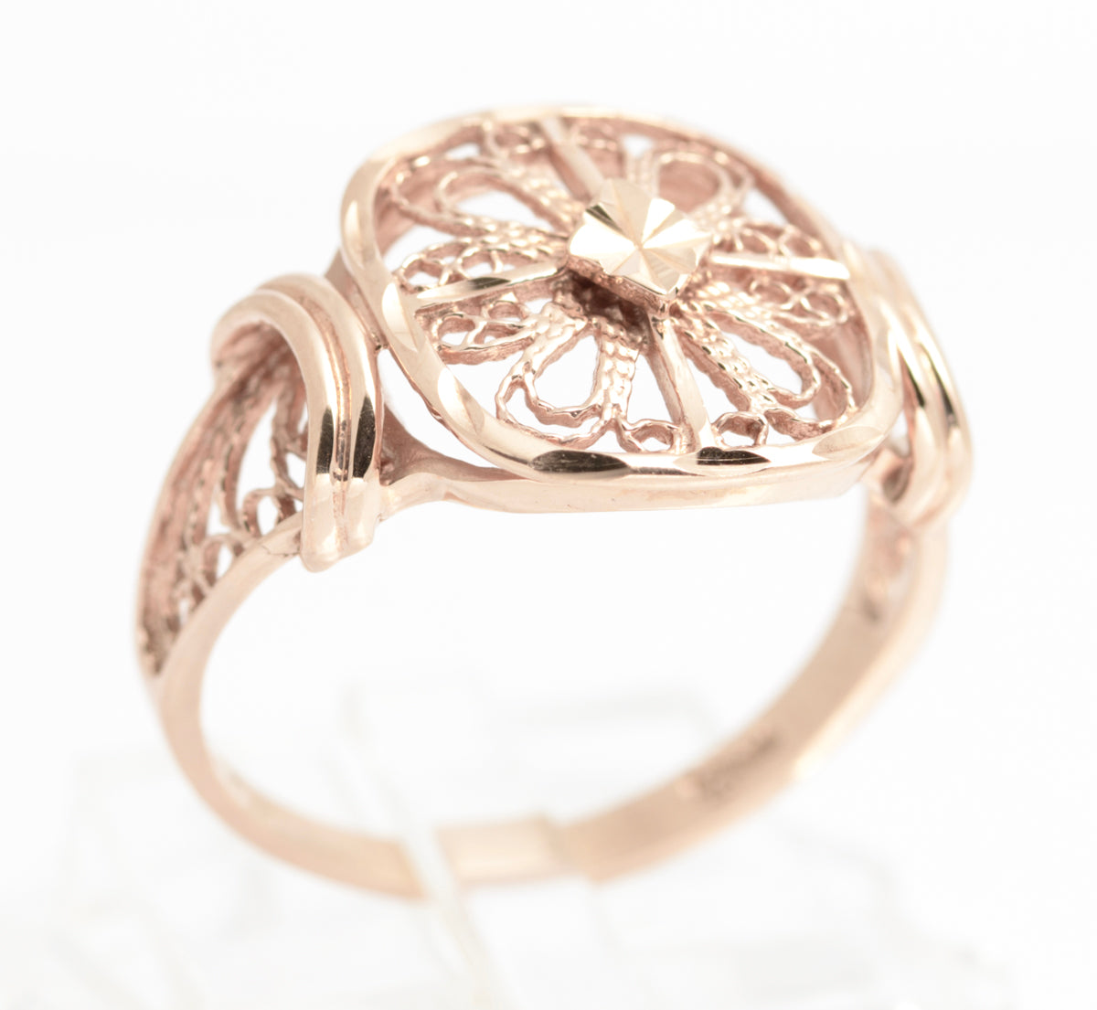 Vintage 9ct Rose Gold Filigree Ring With Bright Cut Detail & Sheffield Hallmark (A2113)