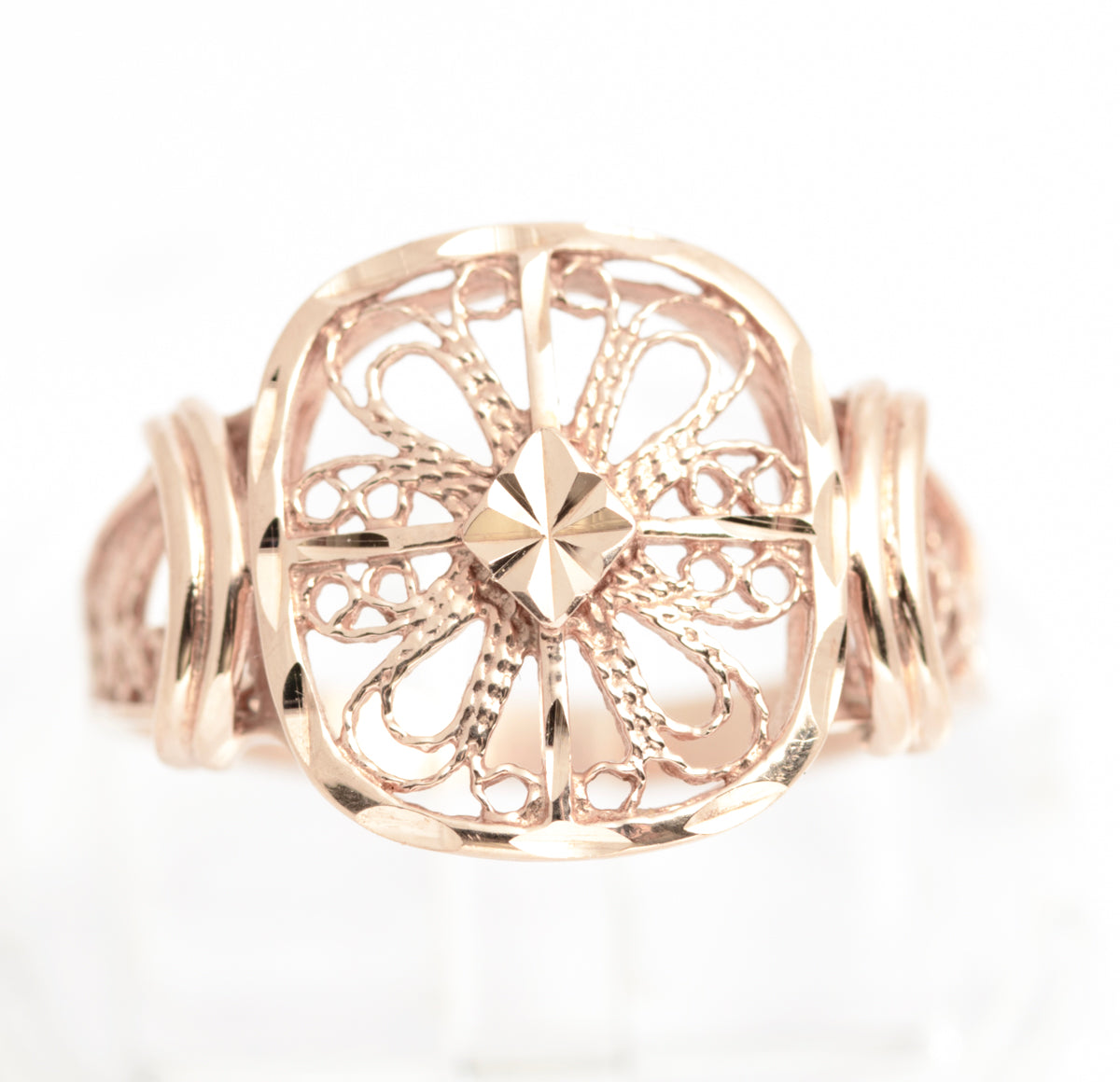Vintage 9ct Rose Gold Filigree Ring With Bright Cut Detail & Sheffield Hallmark (A2113)