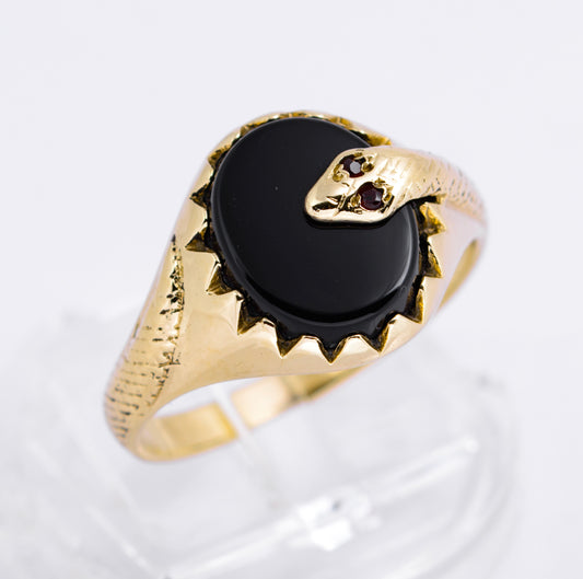 Vintage 9ct Yellow Gold Snake Signet Ring With Black Onyx & Garnet Eyes Size R1/2 (A2133)