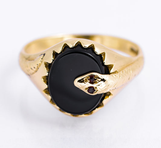 Vintage 9ct Yellow Gold Snake Signet Ring With Black Onyx & Garnet Eyes Size R1/2 (A2133)