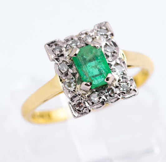 Vintage 18ct Gold Natural Emerald 0.5 Carat & Diamond Halo Ring Art Deco Design (A2135)