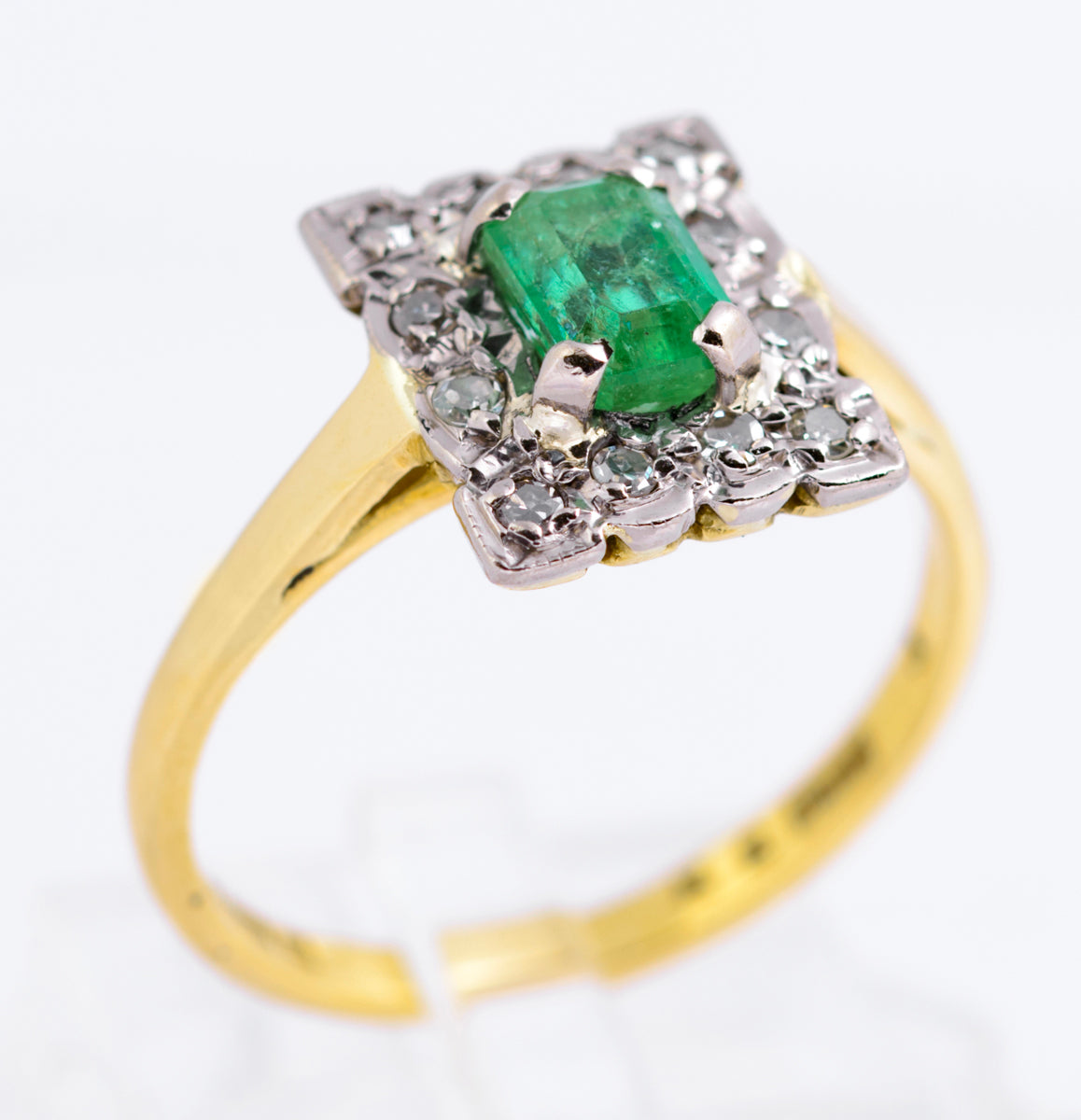 Vintage 18ct Gold Natural Emerald 0.5 Carat & Diamond Halo Ring Art Deco Design (A2135)