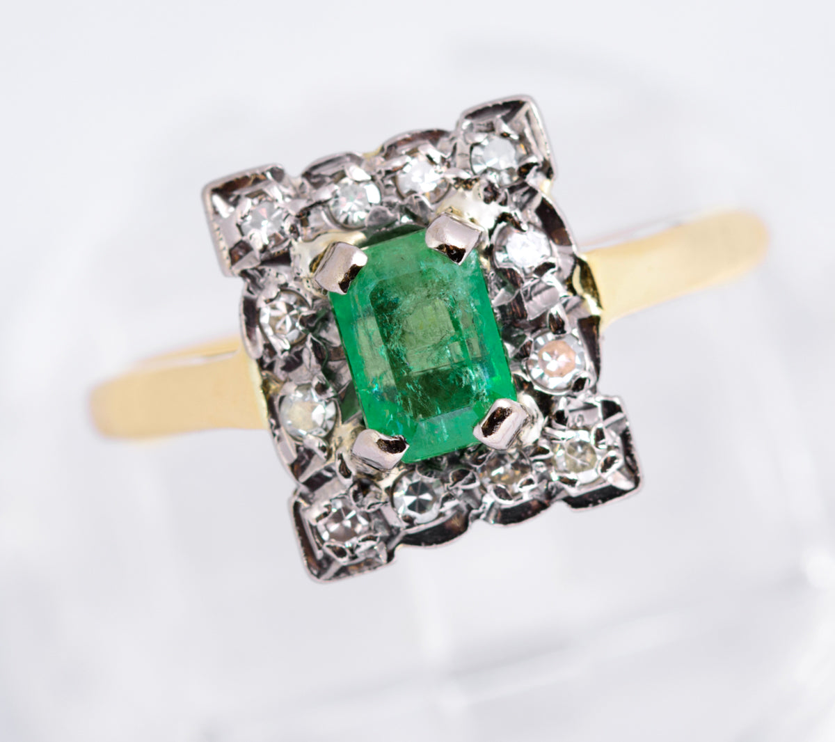 Vintage 18ct Gold Natural Emerald 0.5 Carat & Diamond Halo Ring Art Deco Design (A2135)
