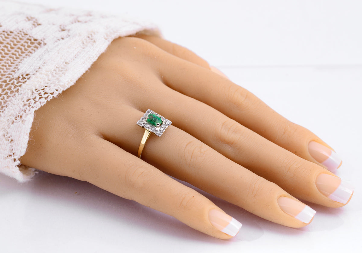 Vintage 18ct Gold Natural Emerald 0.5 Carat & Diamond Halo Ring Art Deco Design (A2135)