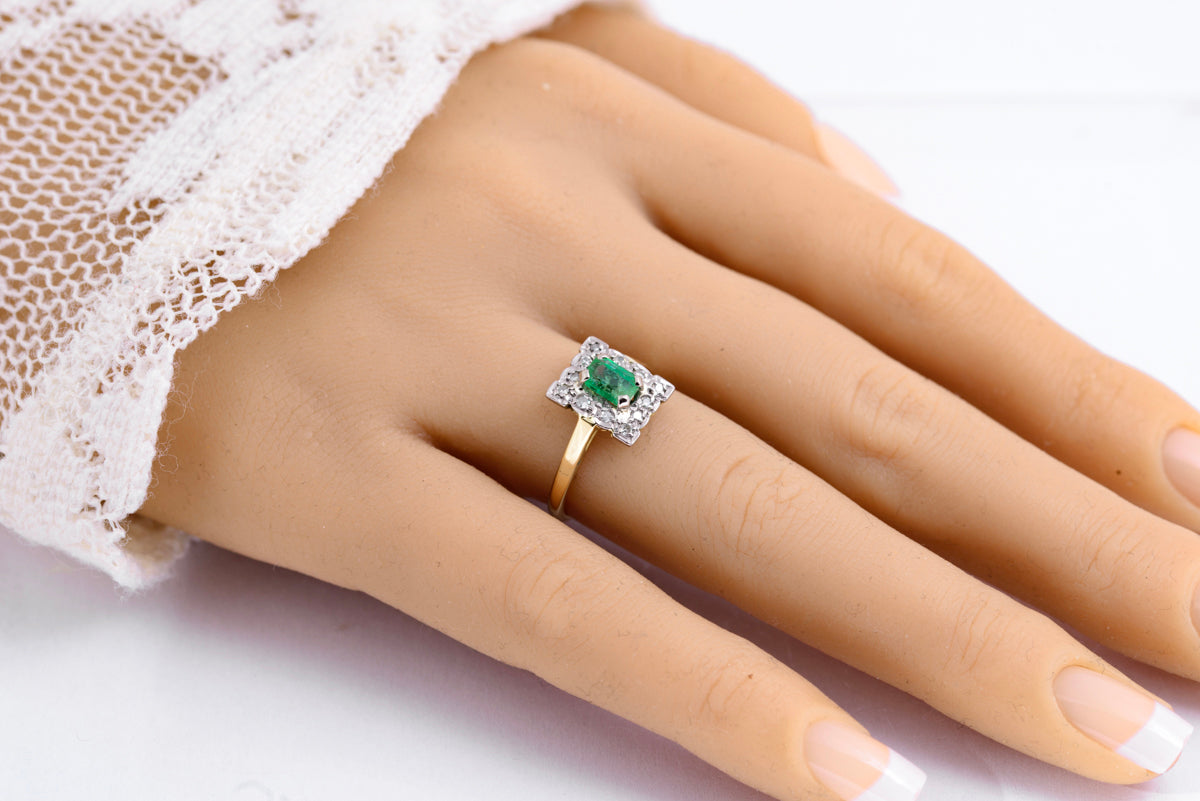 Vintage 18ct Gold Natural Emerald 0.5 Carat & Diamond Halo Ring Art Deco Design (A2135)