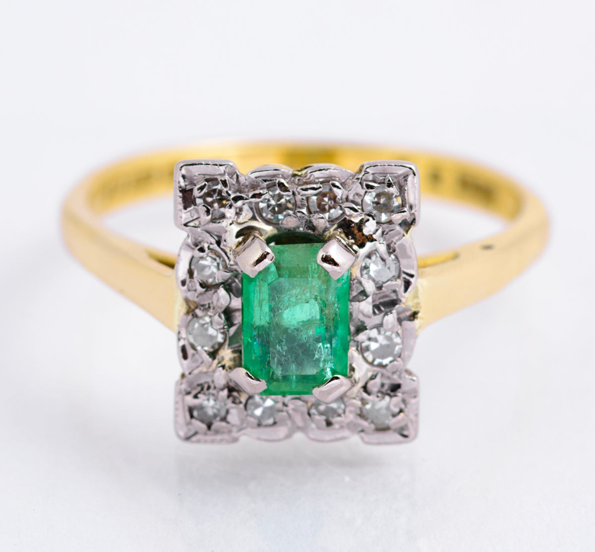 Vintage 18ct Gold Natural Emerald 0.5 Carat & Diamond Halo Ring Art Deco Design (A2135)