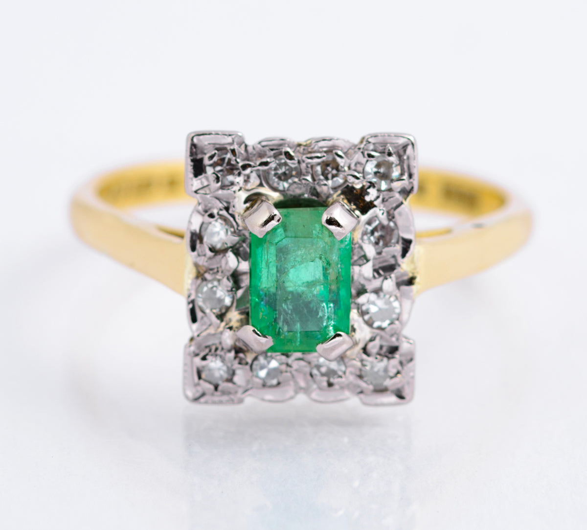 Vintage 18ct Gold Natural Emerald 0.5 Carat & Diamond Halo Ring Art Deco Design (A2135)