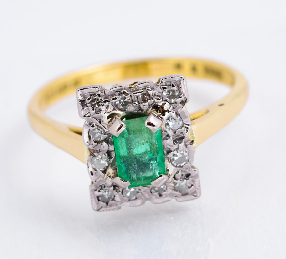 Vintage 18ct Gold Natural Emerald 0.5 Carat & Diamond Halo Ring Art Deco Design (A2135)
