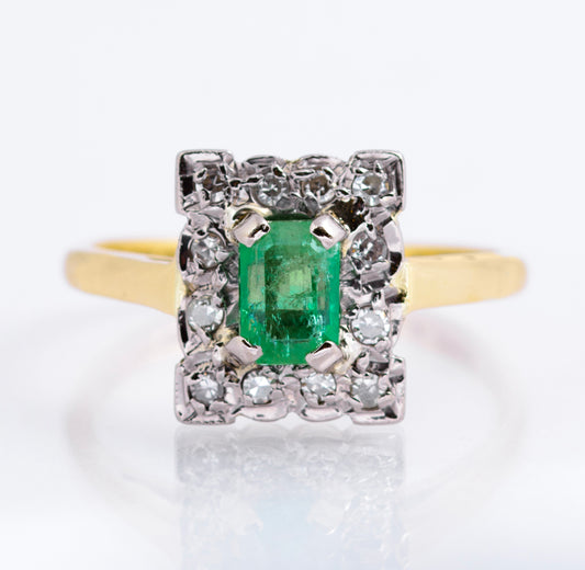 Vintage 18ct Gold Natural Emerald 0.5 Carat & Diamond Halo Ring Art Deco Design (A2135)