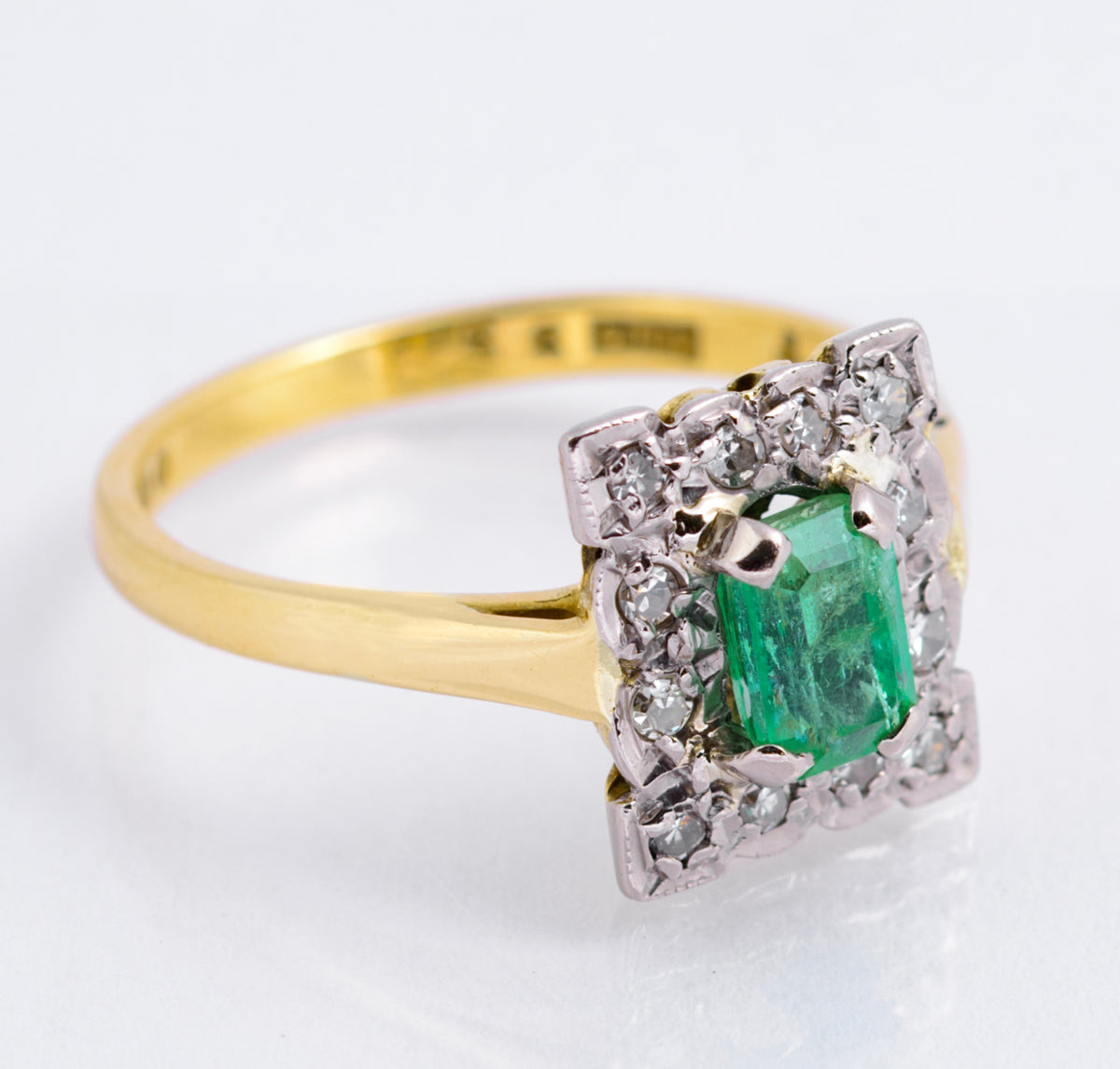 Vintage 18ct Gold Natural Emerald 0.5 Carat & Diamond Halo Ring Art Deco Design (A2135)
