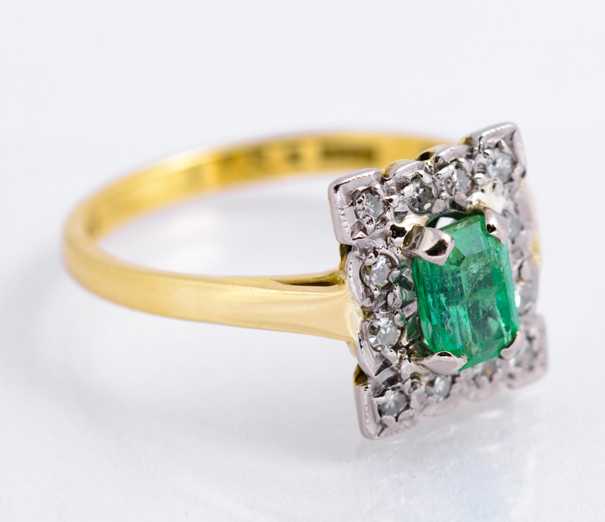 Vintage 18ct Gold Natural Emerald 0.5 Carat & Diamond Halo Ring Art Deco Design (A2135)