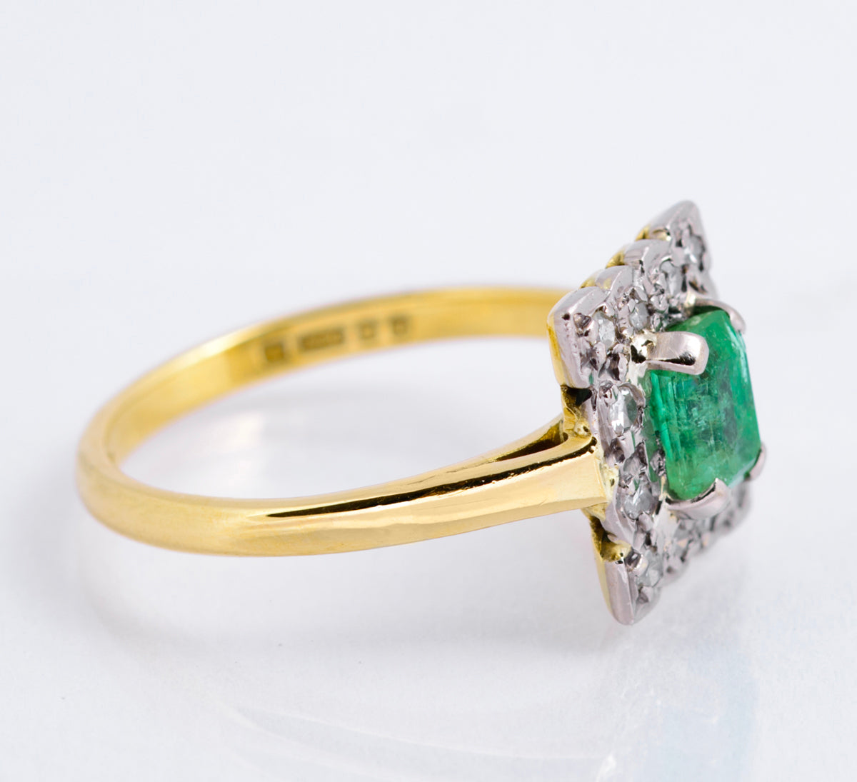 Vintage 18ct Gold Natural Emerald 0.5 Carat & Diamond Halo Ring Art Deco Design (A2135)