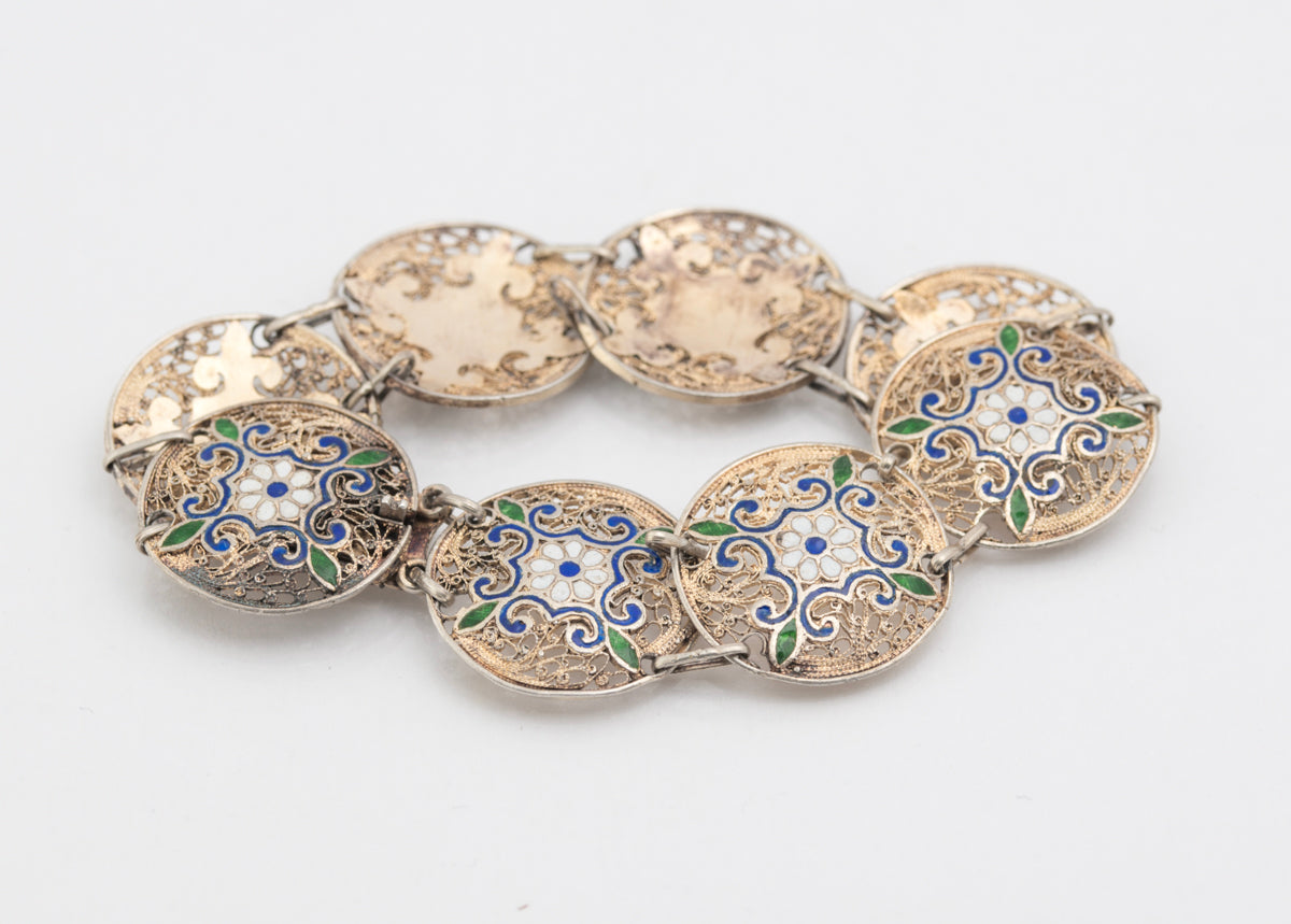 Antique French 800 Silver Gilt & Champleve Enamel Filigree Bracelet (B2187)