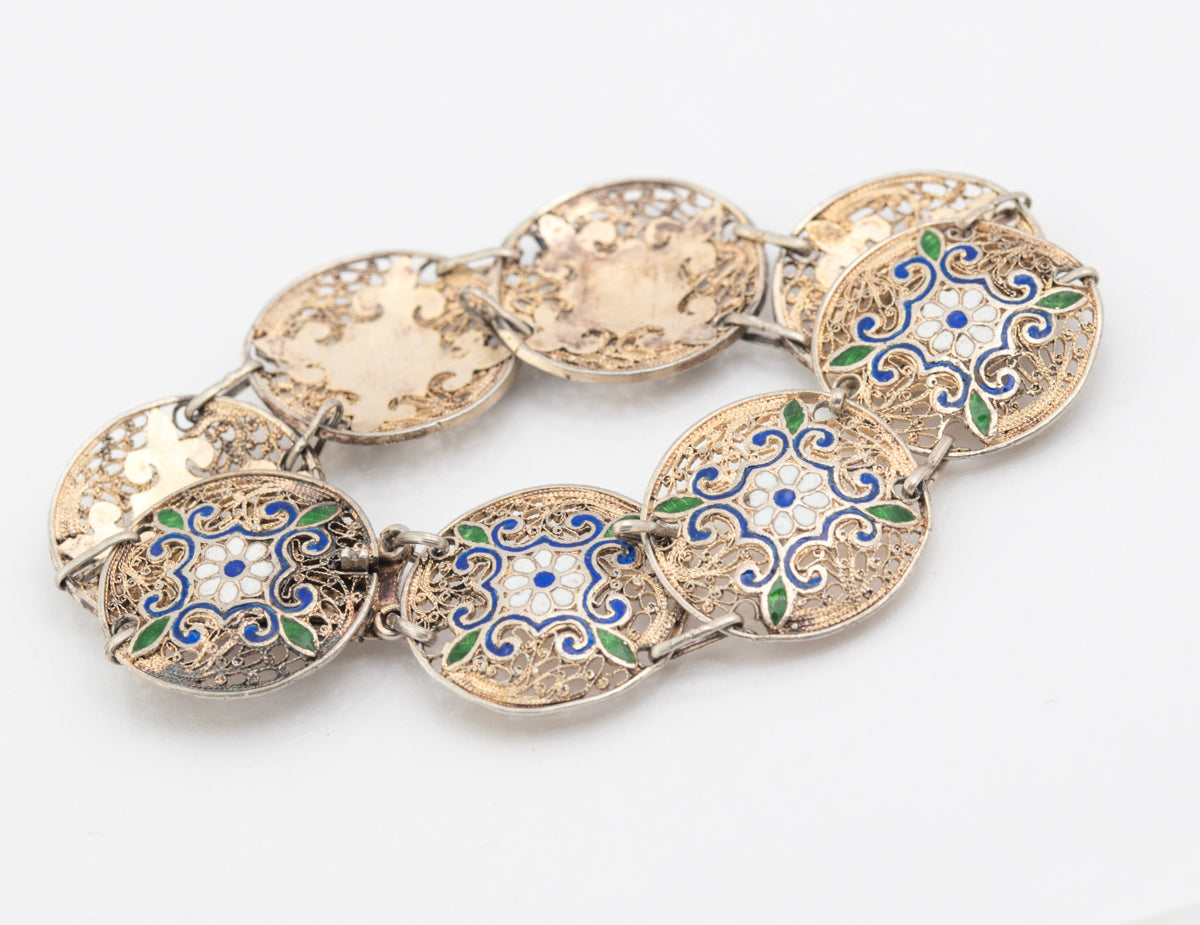 Antique French 800 Silver Gilt & Champleve Enamel Filigree Bracelet (B2187)