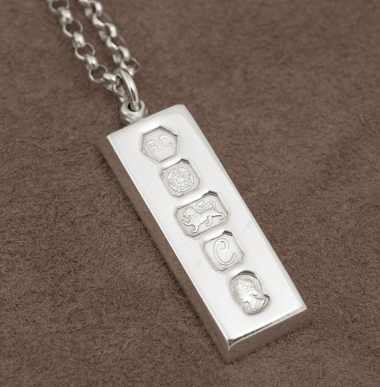 Vintage Sterling Silver Feature Hallmark Ingot Pendant & Belcher Chain Necklace (B2207)