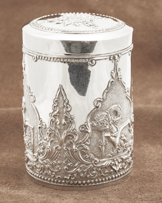 Vintage Indonesian .800 Silver LIdded Jar Wayang Theatre Design Yogya Hallmarks (B2225)
