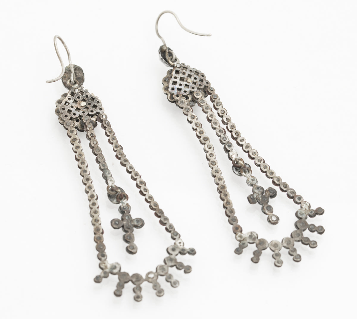 Pair Antique Georgian Cut Steel Earrings Long Drop With Articulated Crosses (B2232)