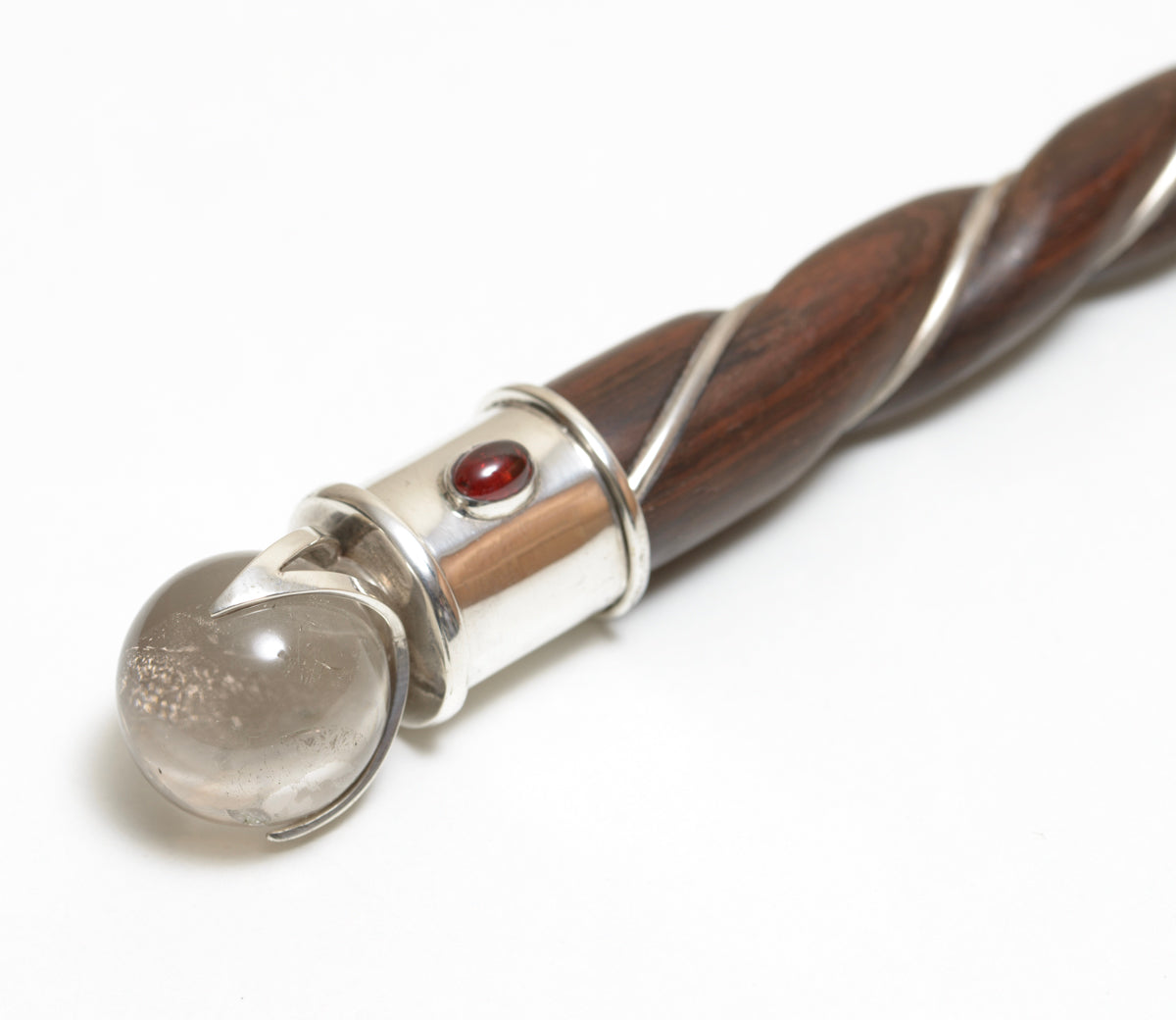Vintage Hardwood, Sterling Silver, Garnet & Quartz Point Healing Wand (B2244)