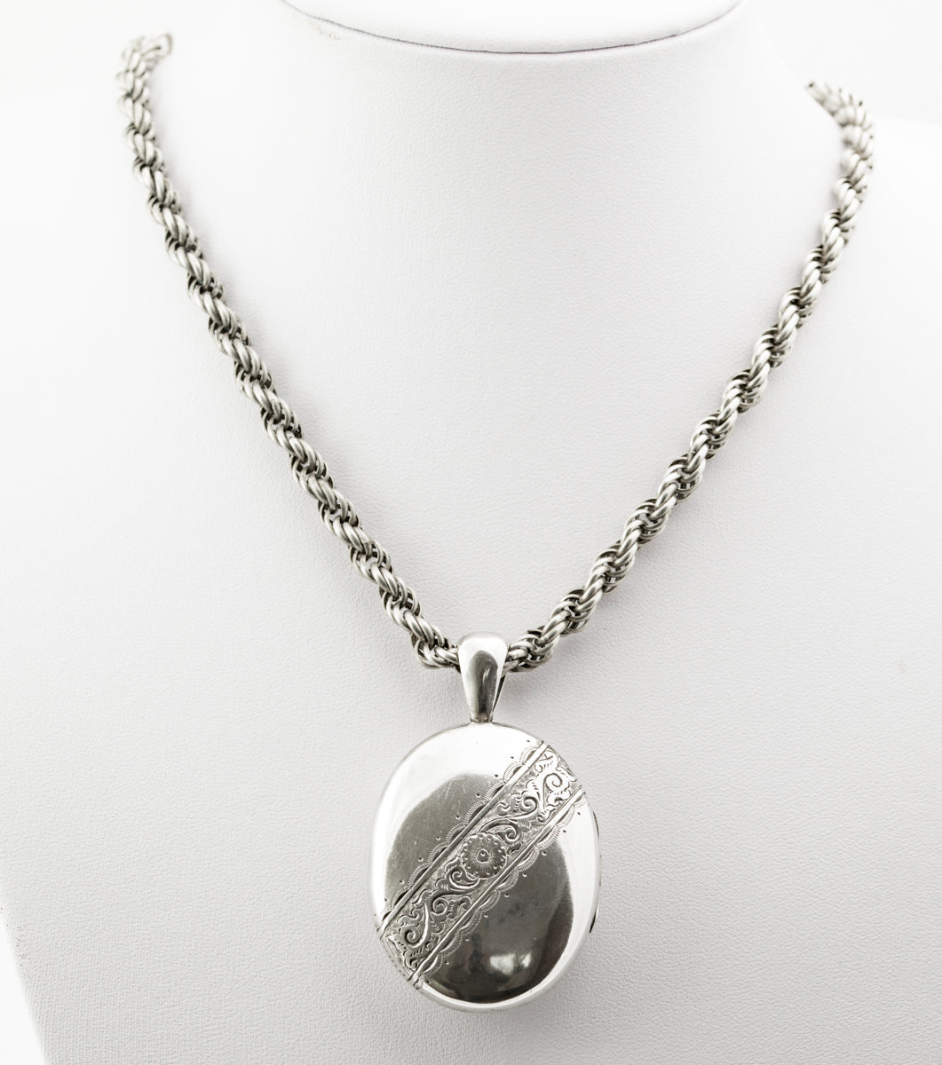 Large Antique Victorian Silver Locket & Fancy Spiral Link Chain c.1880 (B2262)