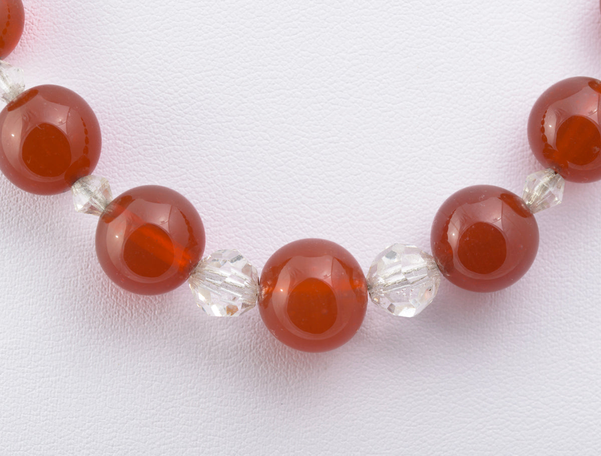 Vintage Art Deco Uranium / Vaseline Glass Red Bead Necklace Early 20th Century (B2263)