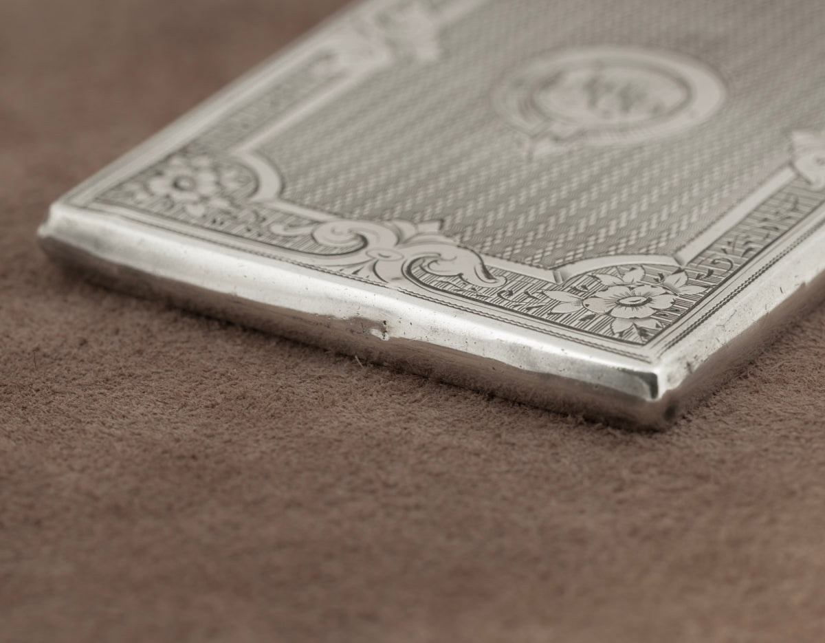 Antique Victorian Sterling Silver Card Case Engine Turned Original Fitted Case (B2266)