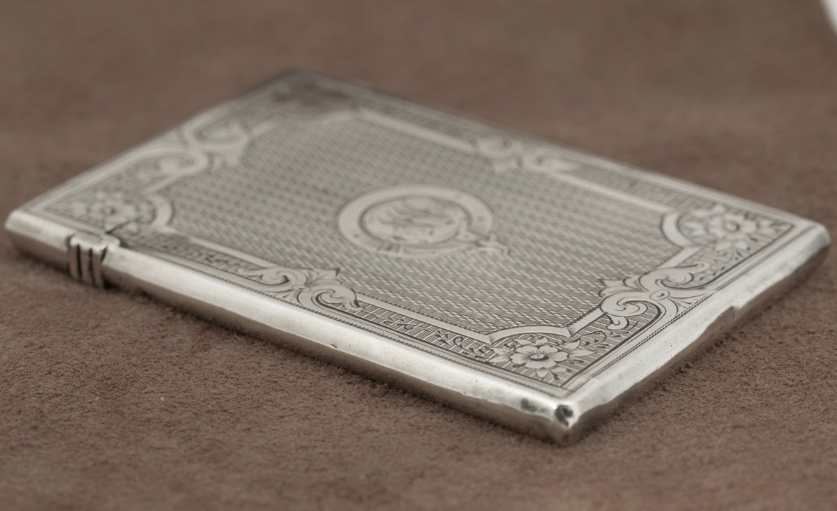 Antique Victorian Sterling Silver Card Case Engine Turned Original Fitted Case (B2266)