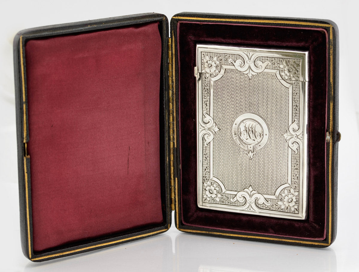 Antique Victorian Sterling Silver Card Case Engine Turned Original Fitted Case (B2266)
