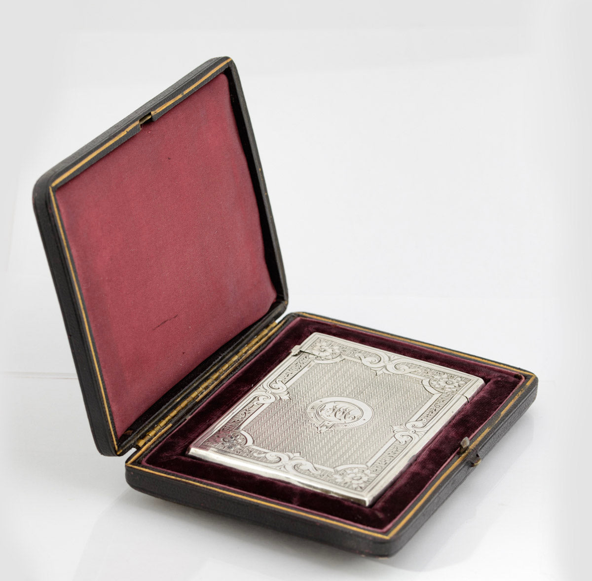 Antique Victorian Sterling Silver Card Case Engine Turned Original Fitted Case (B2266)