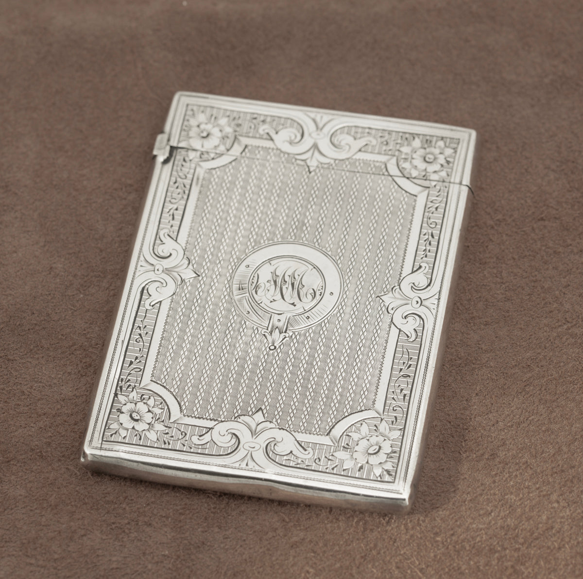 Antique Victorian Sterling Silver Card Case Engine Turned Original Fitted Case (B2266)