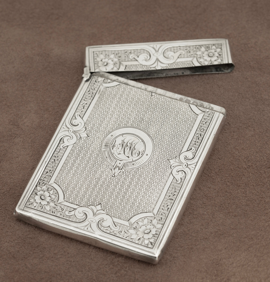 Antique Victorian Sterling Silver Card Case Engine Turned Original Fitted Case (B2266)