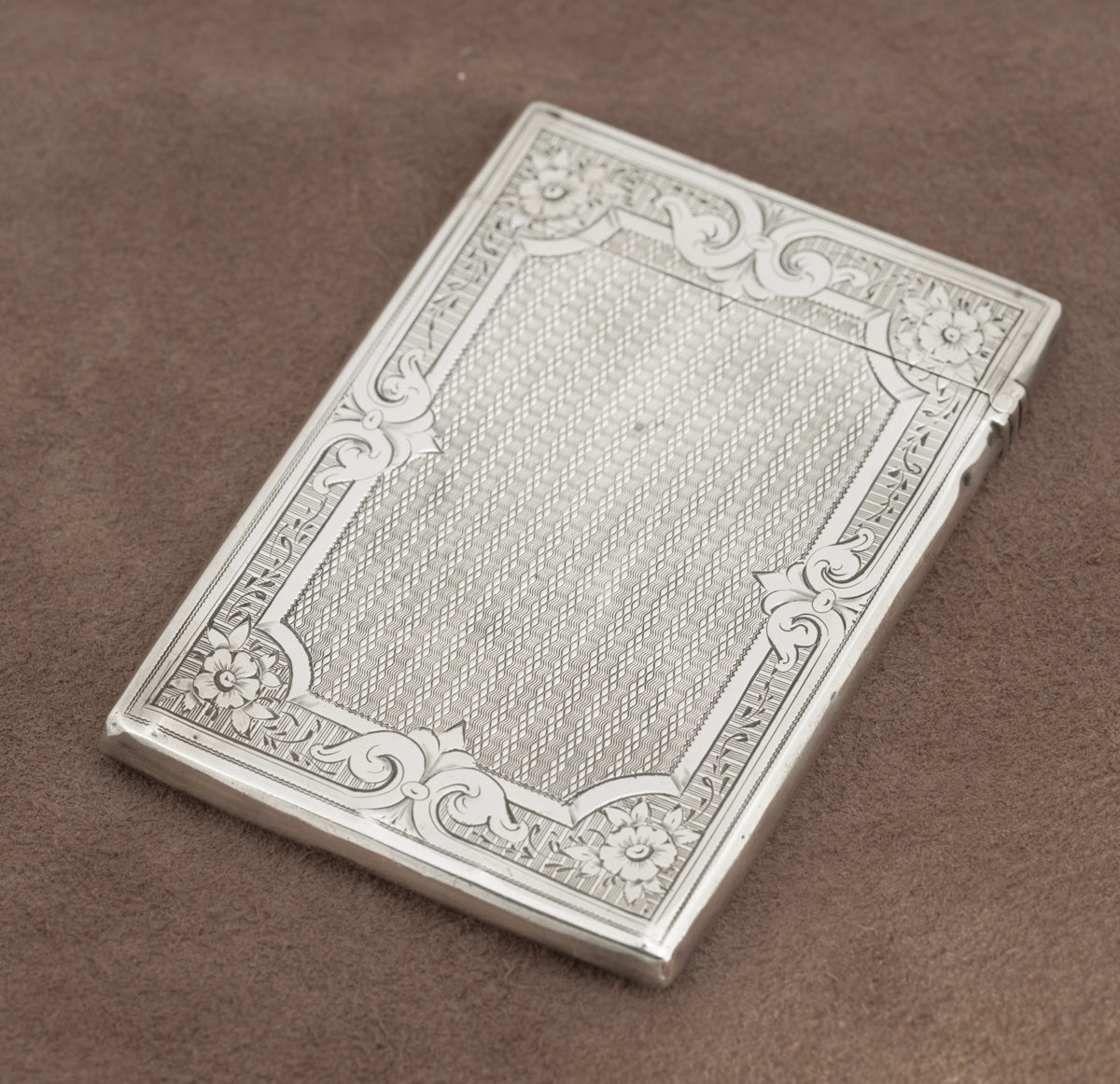 Antique Victorian Sterling Silver Card Case Engine Turned Original Fitted Case (B2266)